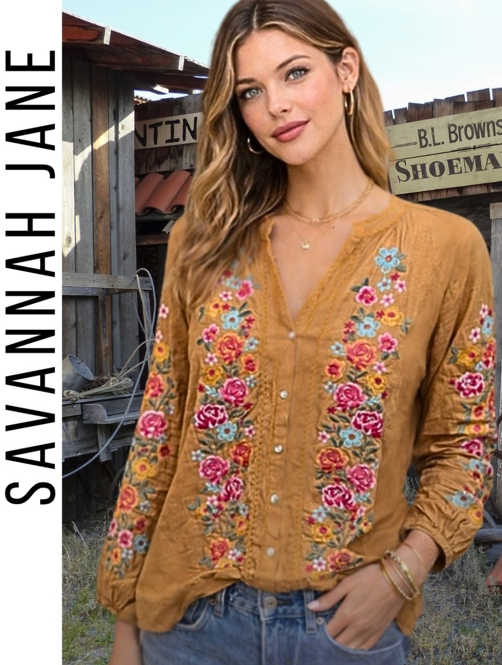 Savannah Jane Embroidered Boho Western Country Floral & Lace Long Sleeve Top